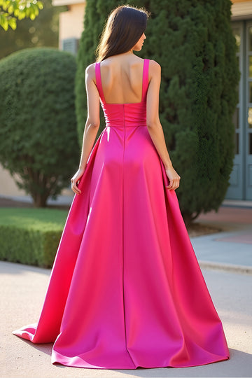 Fuchsia Fyrkantig hals En rad lång balklänning med slits